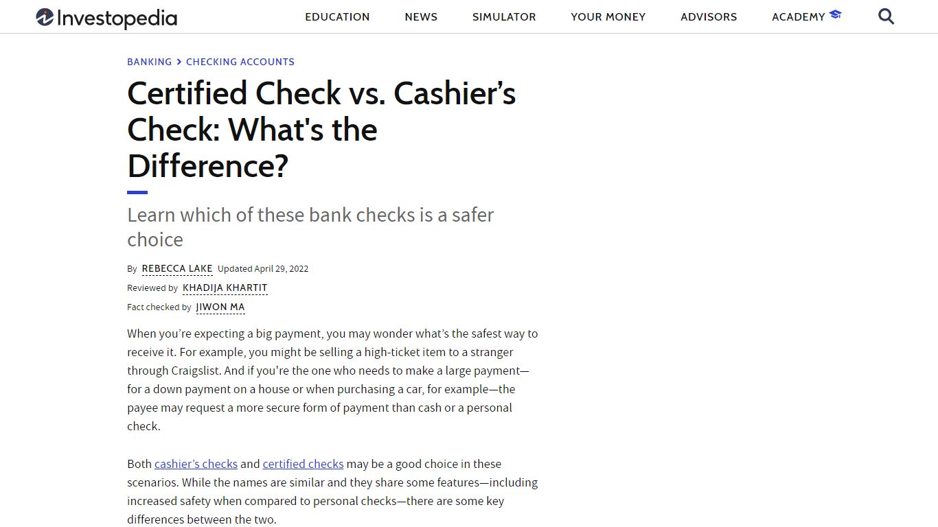 Certified Check vs. Cashier’s Check Differences - Investopedia